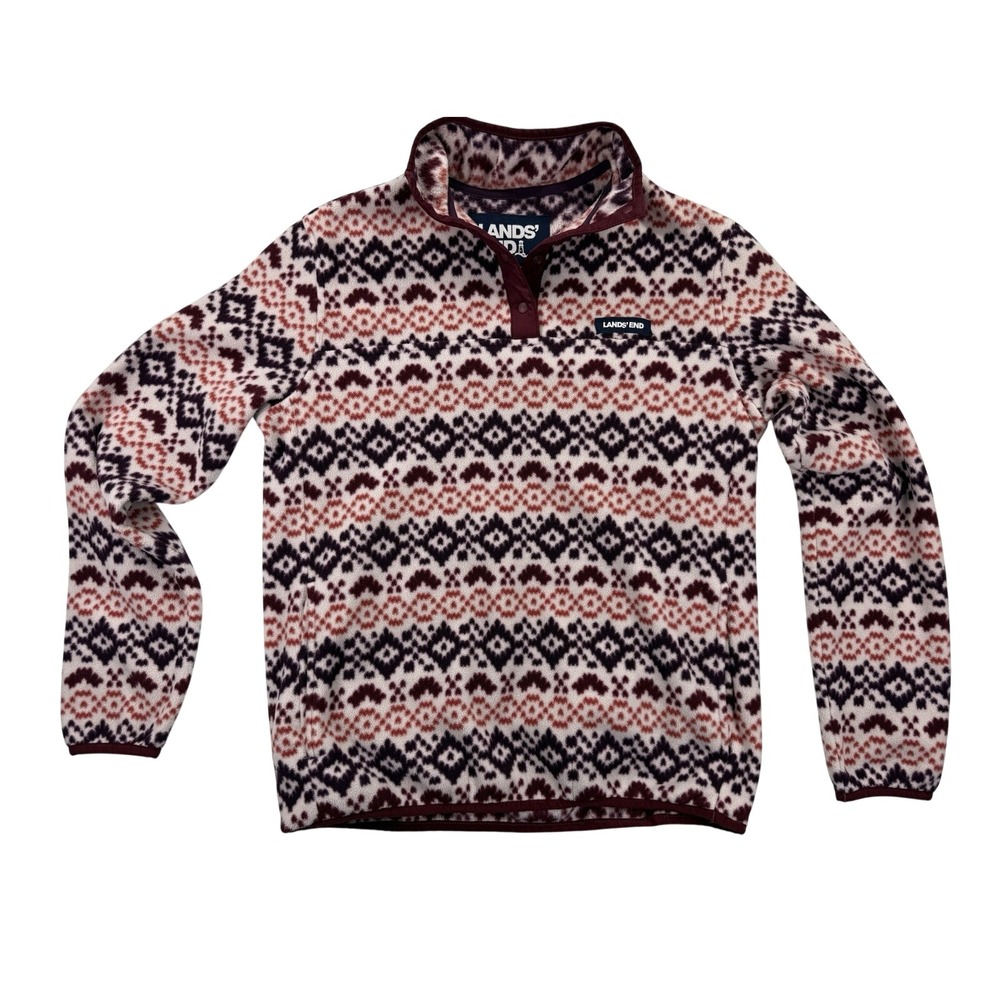 Lands' End Fleece Pullover Women XS Fair Isle Nordic 1/4‎ Snap Collar Sweater